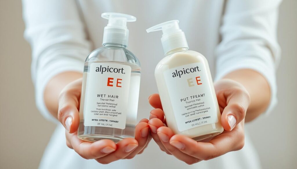 A well-lit, close-up photograph of a person's hands holding two bottles of Alpicort E hair treatment. One bottle is filled with clear liquid, suggesting wet hair, while the other contains a thick, creamy substance, indicating dry hair. The hands are positioned in a way that highlights the contrast between the two products and their respective applications. The image has a soft, natural lighting that emphasizes the texture and details of the bottles and the skin. The background is blurred, keeping the focus on the central elements. A well-lit, close-up photograph of a person's hands holding two bottles of Alpicort E hair treatment. One bottle is filled with clear liquid, suggesting wet hair, while the other contains a thick, creamy substance, indicating dry hair. The hands are positioned in a way that highlights the contrast between the two products and their respective applications. The image has a soft, natural lighting that emphasizes the texture and details of the bottles and the skin. The background is blurred, keeping the focus on the central elements.