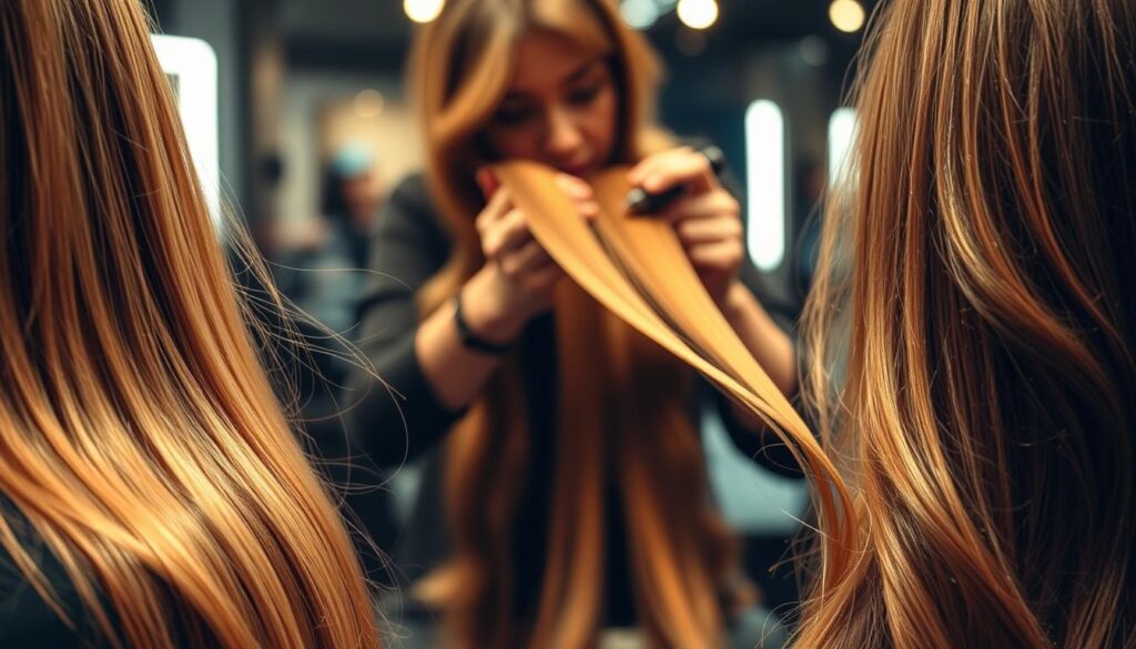 A well-lit, close-up scene depicting various hair highlighting techniques. In the foreground, strands of hair are shown undergoing different lightening processes - from subtle balayage to bold highlights. The middle ground features a hairstylist's hands carefully applying bleach and toners, while the background blurs out to suggest a professional salon setting. The overall mood is one of precision and transformation, with warm lighting accentuating the vibrancy of the hair colors. A well-lit, close-up scene depicting various hair highlighting techniques. In the foreground, strands of hair are shown undergoing different lightening processes - from subtle balayage to bold highlights. The middle ground features a hairstylist's hands carefully applying bleach and toners, while the background blurs out to suggest a professional salon setting. The overall mood is one of precision and transformation, with warm lighting accentuating the vibrancy of the hair colors.
