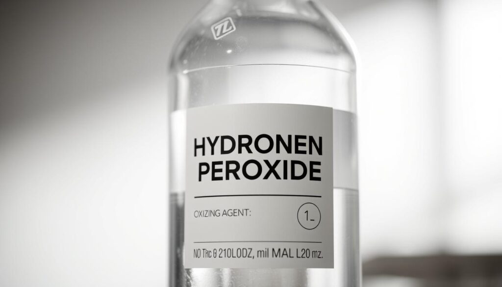 A well-lit close-up shot of a bottle of hydrogen peroxide solution, with a soft, diffused light illuminating the transparent container and the liquid within. The label clearly displays the concentration of the oxidizing agent, along with a neutral, professional design that conveys a sense of safety and reliability. The background is blurred, allowing the product to be the focal point, emphasizing its importance as the appropriate hair bleaching agent for the task at hand. The overall composition is balanced and aesthetically pleasing, presenting the hydrogen peroxide in a manner that is both informative and visually appealing. A well-lit close-up shot of a bottle of hydrogen peroxide solution, with a soft, diffused light illuminating the transparent container and the liquid within. The label clearly displays the concentration of the oxidizing agent, along with a neutral, professional design that conveys a sense of safety and reliability. The background is blurred, allowing the product to be the focal point, emphasizing its importance as the appropriate hair bleaching agent for the task at hand. The overall composition is balanced and aesthetically pleasing, presenting the hydrogen peroxide in a manner that is both informative and visually appealing.