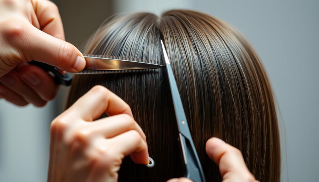 A well-lit, close-up shot of a person's head, facing the camera, with straight, shoulder-length hair. The hair is divided into even sections and being carefully trimmed with sharp haircutting scissors, creating a straight, uniform hairline. The focus is on the precise, controlled movements of the hands and the sharp edges of the freshly-cut hair. The background is blurred, keeping the attention on the haircut process. The lighting is soft and flattering, highlighting the texture and shine of the hair. The overall mood is one of calm concentration and attention to detail. A well-lit, close-up shot of a person's head, facing the camera, with straight, shoulder-length hair. The hair is divided into even sections and being carefully trimmed with sharp haircutting scissors, creating a straight, uniform hairline. The focus is on the precise, controlled movements of the hands and the sharp edges of the freshly-cut hair. The background is blurred, keeping the attention on the haircut process. The lighting is soft and flattering, highlighting the texture and shine of the hair. The overall mood is one of calm concentration and attention to detail.