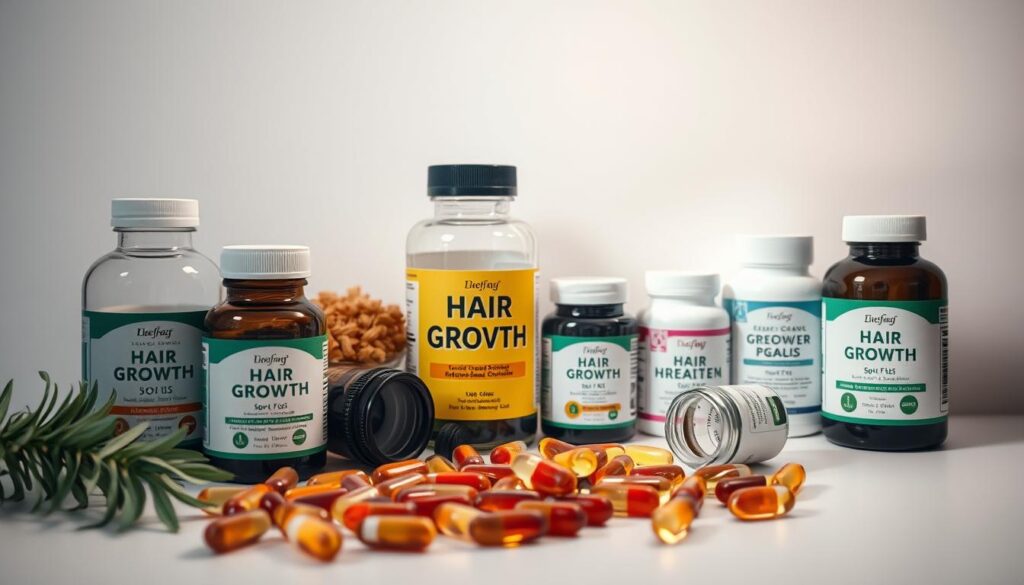 A well-lit, close-up shot of a variety of hair growth supplements, including bottles, capsules, and soft gels, arranged neatly on a clean, white surface. The bottles have clear labels showcasing their ingredients, and the capsules are displayed in an organized manner, conveying a sense of professionalism and attention to detail. The lighting is soft and diffused, creating a warm, inviting atmosphere that highlights the natural hues and textures of the supplements. The composition emphasizes the centrality of the hair growth products, with a clean, minimalist background that allows the viewer to focus on the main subject matter. A well-lit, close-up shot of a variety of hair growth supplements, including bottles, capsules, and soft gels, arranged neatly on a clean, white surface. The bottles have clear labels showcasing their ingredients, and the capsules are displayed in an organized manner, conveying a sense of professionalism and attention to detail. The lighting is soft and diffused, creating a warm, inviting atmosphere that highlights the natural hues and textures of the supplements. The composition emphasizes the centrality of the hair growth products, with a clean, minimalist background that allows the viewer to focus on the main subject matter.