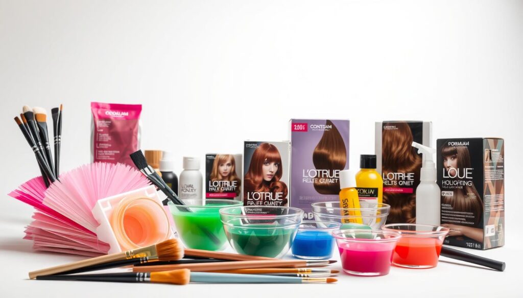 A well-lit, close-up studio shot of an assortment of professional hair coloring products and tools for at-home hair highlighting and color application. The foreground features a selection of highlighting foils, tinting brushes, and color mixing bowls in a variety of vibrant hues. The middle ground showcases several boxes and bottles of premium salon-quality hair color and bleaching kits. The background has a clean, minimalist setup with a soft, diffused lighting setup to create an inviting, high-end aesthetic. The overall mood is one of sophistication, quality, and ease-of-use for the home hair coloring process. A well-lit, close-up studio shot of an assortment of professional hair coloring products and tools for at-home hair highlighting and color application. The foreground features a selection of highlighting foils, tinting brushes, and color mixing bowls in a variety of vibrant hues. The middle ground showcases several boxes and bottles of premium salon-quality hair color and bleaching kits. The background has a clean, minimalist setup with a soft, diffused lighting setup to create an inviting, high-end aesthetic. The overall mood is one of sophistication, quality, and ease-of-use for the home hair coloring process.