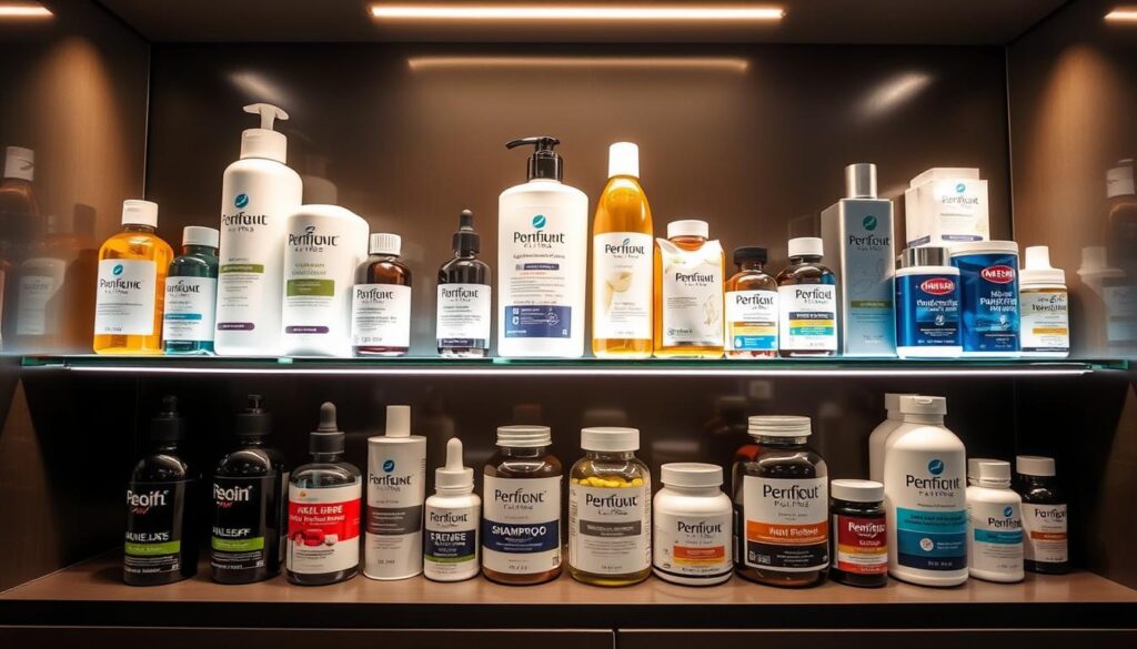 A well-lit display of various types of hair loss treatment products, featuring bottles, tubes, and jars of shampoos, serums, and supplements neatly arranged on a sleek, modern shelf. The packaging showcases a range of colors, textures, and formulas, highlighting the diversity of solutions available for different hair loss needs. The lighting casts a warm, inviting glow, creating a sense of professionalism and expertise. The composition emphasizes the variety of options, suggesting a comprehensive approach to addressing the issue of hair loss. A well-lit display of various types of hair loss treatment products, featuring bottles, tubes, and jars of shampoos, serums, and supplements neatly arranged on a sleek, modern shelf. The packaging showcases a range of colors, textures, and formulas, highlighting the diversity of solutions available for different hair loss needs. The lighting casts a warm, inviting glow, creating a sense of professionalism and expertise. The composition emphasizes the variety of options, suggesting a comprehensive approach to addressing the issue of hair loss.