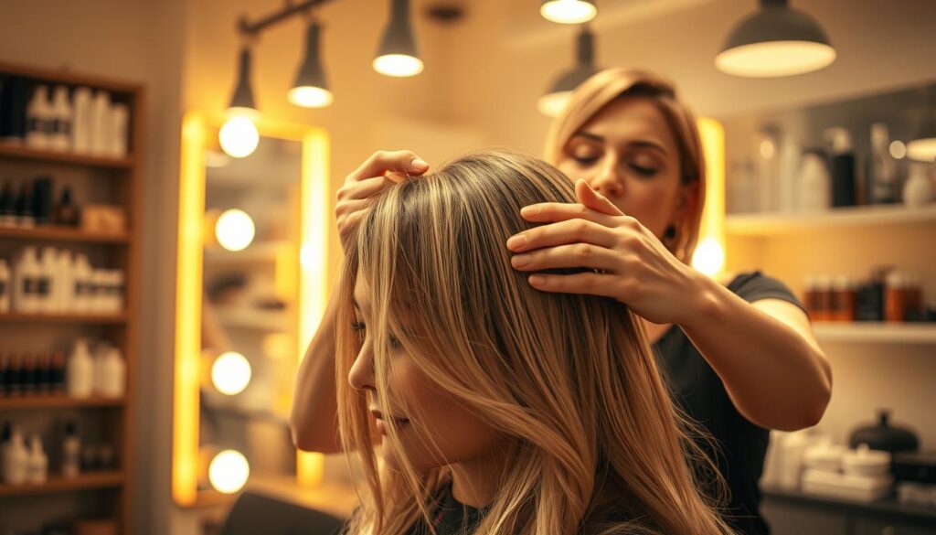 A well-lit salon interior with a professional hairstylist carefully applying bleaching agents to a client's hair. Soft, warm lighting illuminates the scene, creating a soothing ambiance. The stylist's hands are delicately working through the client's tresses, their focused expression conveying their expertise. In the background, shelves of hair care products and tools suggest a well-equipped salon. The client's face is partially obscured, drawing attention to the intricate process of professional hair lightening. The overall atmosphere exudes a sense of care, precision, and the transformation about to unfold. A well-lit salon interior with a professional hairstylist carefully applying bleaching agents to a client's hair. Soft, warm lighting illuminates the scene, creating a soothing ambiance. The stylist's hands are delicately working through the client's tresses, their focused expression conveying their expertise. In the background, shelves of hair care products and tools suggest a well-equipped salon. The client's face is partially obscured, drawing attention to the intricate process of professional hair lightening. The overall atmosphere exudes a sense of care, precision, and the transformation about to unfold.