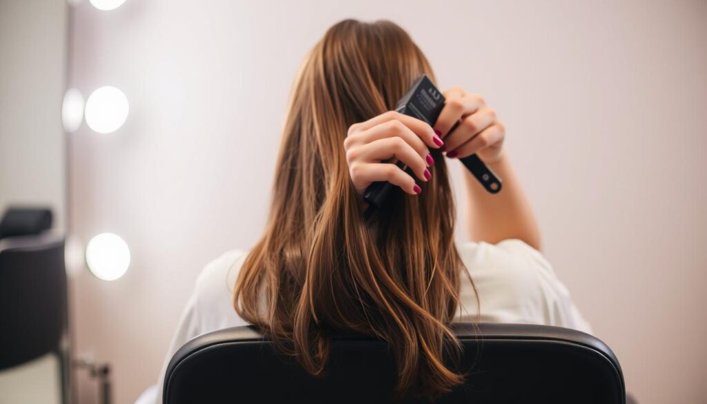 A well-lit salon scene, with a woman sitting in a salon chair, her hair draped over the backrest. Soft, diffused lighting illuminates the scene, creating a warm, inviting atmosphere. The woman's hands are visible, holding hair care products, such as a comb and a bottle of hair dye, as she prepares to color her hair. The background features a neutral, blurred backdrop, allowing the focus to remain on the woman's actions. The overall composition conveys a sense of concentration and care, reflecting the "Przygotowanie do farbowania" (Preparation for Coloring) section of the article. A well-lit salon scene, with a woman sitting in a salon chair, her hair draped over the backrest. Soft, diffused lighting illuminates the scene, creating a warm, inviting atmosphere. The woman's hands are visible, holding hair care products, such as a comb and a bottle of hair dye, as she prepares to color her hair. The background features a neutral, blurred backdrop, allowing the focus to remain on the woman's actions. The overall composition conveys a sense of concentration and care, reflecting the "Przygotowanie do farbowania" (Preparation for Coloring) section of the article.