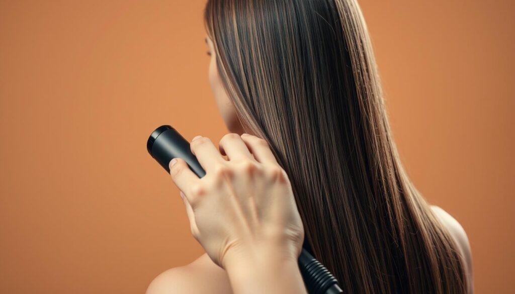 A well-lit studio scene showcasing a woman's long, straight hair being smoothed and straightened with a professional-grade hair straightening iron. The woman's face is out of frame, with the focus on her hands gently gliding the heated plates through her hair, creating a sleek, glossy finish. The background is a soft, neutral tone, allowing the hair and hands to be the central visual elements. Warm, diffused lighting casts a subtle glow, accentuating the silky texture of the straightened tresses. The overall mood is one of calm, focused concentration on the task of achieving a perfect, straight hairstyle. A well-lit studio scene showcasing a woman's long, straight hair being smoothed and straightened with a professional-grade hair straightening iron. The woman's face is out of frame, with the focus on her hands gently gliding the heated plates through her hair, creating a sleek, glossy finish. The background is a soft, neutral tone, allowing the hair and hands to be the central visual elements. Warm, diffused lighting casts a subtle glow, accentuating the silky texture of the straightened tresses. The overall mood is one of calm, focused concentration on the task of achieving a perfect, straight hairstyle.