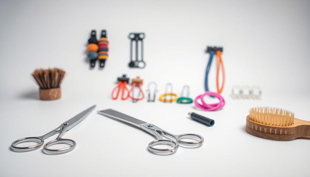 A well-lit studio setting showcasing a collection of professional hair styling tools used to create boxer braids. In the foreground, a pair of sharp hairdressing scissors, a wide-toothed comb, and a small brush rest on a clean, minimalist surface. In the middle ground, a set of sectioning clips and hair ties of various colors stand ready. The background features a soft, neutral-toned backdrop, emphasizing the focus on the essential tools needed for the intricate craft of boxer braids hairstyling. Crisp, high-resolution details capture the quality and functionality of each item, reflecting the care and precision required for this specialized technique. A well-lit studio setting showcasing a collection of professional hair styling tools used to create boxer braids. In the foreground, a pair of sharp hairdressing scissors, a wide-toothed comb, and a small brush rest on a clean, minimalist surface. In the middle ground, a set of sectioning clips and hair ties of various colors stand ready. The background features a soft, neutral-toned backdrop, emphasizing the focus on the essential tools needed for the intricate craft of boxer braids hairstyling. Crisp, high-resolution details capture the quality and functionality of each item, reflecting the care and precision required for this specialized technique.