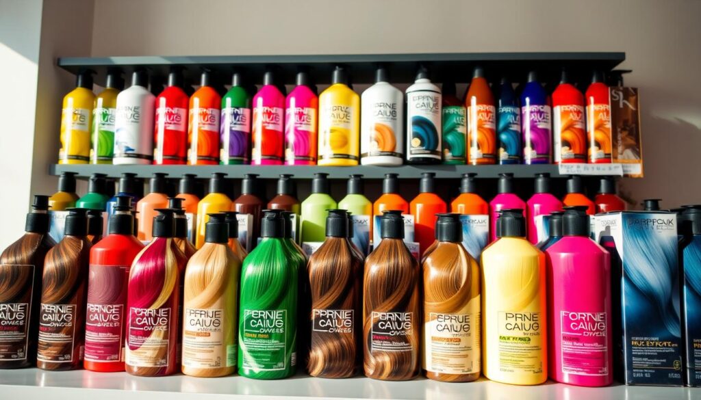 A well-stocked display of vibrant hair dye bottles, showcasing an array of natural and bold shades. The bottles are arranged neatly, with their labels facing the viewer, allowing easy identification of the colors. Soft, diffused lighting illuminates the scene, creating a warm, inviting atmosphere. The background is a simple, clean setting, allowing the products to take center stage. The composition is balanced and visually appealing, highlighting the diverse hair color options available to the viewer. A well-stocked display of vibrant hair dye bottles, showcasing an array of natural and bold shades. The bottles are arranged neatly, with their labels facing the viewer, allowing easy identification of the colors. Soft, diffused lighting illuminates the scene, creating a warm, inviting atmosphere. The background is a simple, clean setting, allowing the products to take center stage. The composition is balanced and visually appealing, highlighting the diverse hair color options available to the viewer.