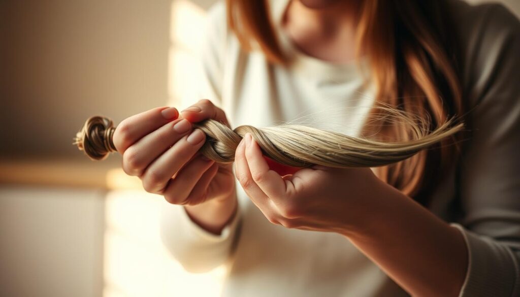 A woman in a warm-lit room carefully plaits a bundle of long, silky hair into a neat braid. Strands of light dance across the glossy strands, highlighting their natural sheen. The focus is on the meticulous process, with a sense of care and attention to detail. The background is softly blurred, emphasizing the centrality of the hair donation ritual. Muted tones create a calming, intimate atmosphere, reflecting the thoughtfulness of the act. The composition draws the viewer's eye to the graceful, deliberate movements of the hands as they work to prepare the hair for its new purpose. A woman in a warm-lit room carefully plaits a bundle of long, silky hair into a neat braid. Strands of light dance across the glossy strands, highlighting their natural sheen. The focus is on the meticulous process, with a sense of care and attention to detail. The background is softly blurred, emphasizing the centrality of the hair donation ritual. Muted tones create a calming, intimate atmosphere, reflecting the thoughtfulness of the act. The composition draws the viewer's eye to the graceful, deliberate movements of the hands as they work to prepare the hair for its new purpose.