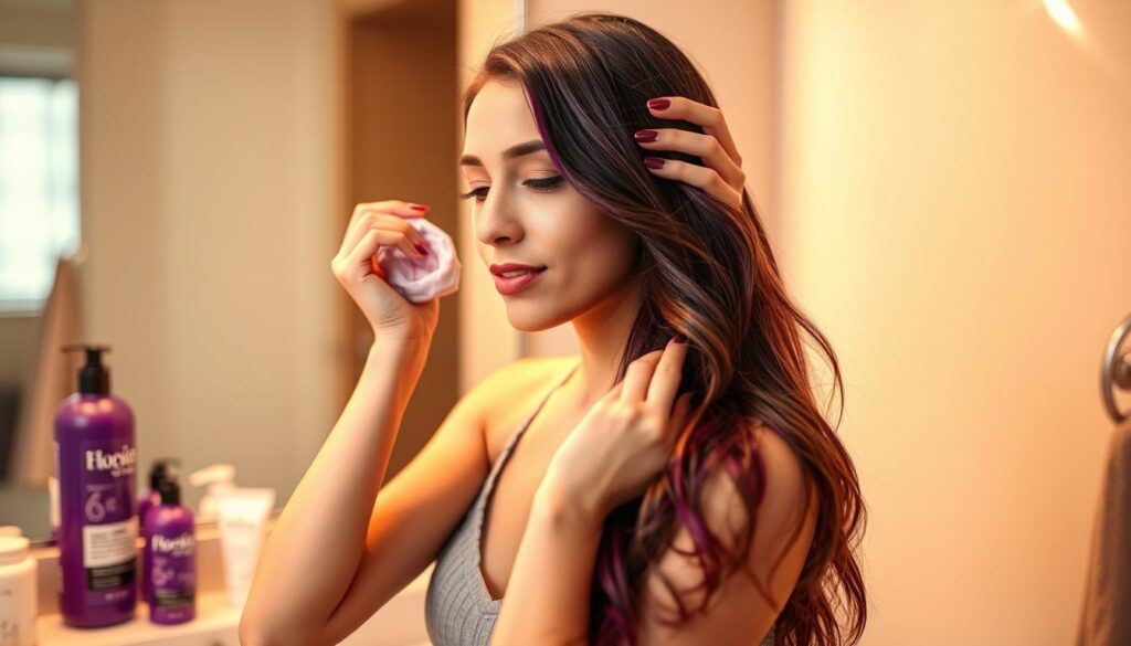 A woman standing in front of a bathroom vanity, carefully applying a deep conditioning hair treatment to her freshly dyed hair. The countertop is scattered with hair care products, including a vibrant purple shampoo bottle. Warm, soft lighting casts a flattering glow, highlighting the woman's relaxed, focused expression as she massages the treatment through her strands. The background is blurred, creating a sense of intimacy and attention on the hair care routine. The overall scene conveys a sense of self-care, rejuvenation, and preserving the vibrant color of the woman's hair after a recent dyeing session. A woman standing in front of a bathroom vanity, carefully applying a deep conditioning hair treatment to her freshly dyed hair. The countertop is scattered with hair care products, including a vibrant purple shampoo bottle. Warm, soft lighting casts a flattering glow, highlighting the woman's relaxed, focused expression as she massages the treatment through her strands. The background is blurred, creating a sense of intimacy and attention on the hair care routine. The overall scene conveys a sense of self-care, rejuvenation, and preserving the vibrant color of the woman's hair after a recent dyeing session.