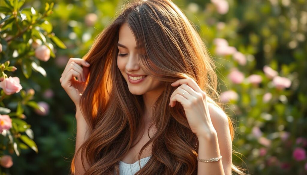A woman with long, luscious hair standing in a serene, natural setting. Her hair is glistening, healthy, and vibrant, despite having recently used a temporary hair color shampoo. The lighting is soft and warm, accentuating the natural shine and movement of her hair. She is gently running her fingers through her locks, a look of contentment on her face, conveying the importance of proper hair care after using a temporary hair color product. The background features a lush, verdant garden, with flowers and greenery framing the scene, creating a calming, rejuvenating atmosphere. A woman with long, luscious hair standing in a serene, natural setting. Her hair is glistening, healthy, and vibrant, despite having recently used a temporary hair color shampoo. The lighting is soft and warm, accentuating the natural shine and movement of her hair. She is gently running her fingers through her locks, a look of contentment on her face, conveying the importance of proper hair care after using a temporary hair color product. The background features a lush, verdant garden, with flowers and greenery framing the scene, creating a calming, rejuvenating atmosphere.
