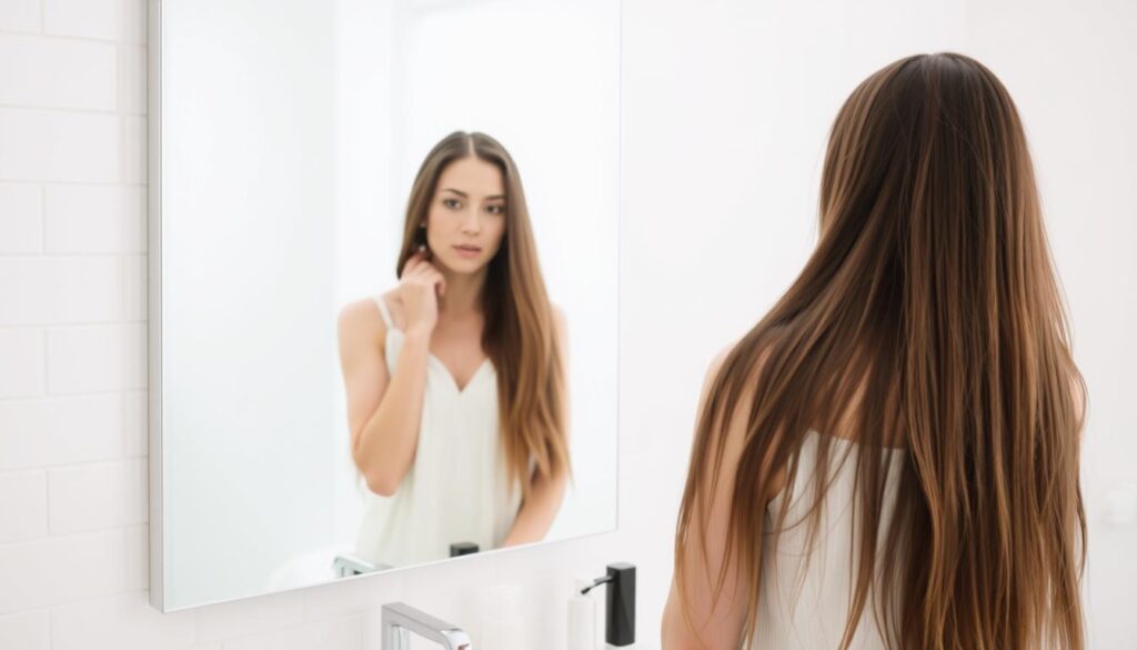 A woman with long, shiny brown hair standing in a bright, airy bathroom, contemplating whether to wash her hair. The foreground features her reflection in a large vanity mirror, illuminated by soft, diffused lighting from overhead. The middle ground shows the sink and countertop, with various hair care products neatly arranged. The background is a clean, minimalist tiled wall, conveying a sense of simplicity and tranquility. The woman's expression is thoughtful, as she weighs the pros and cons of washing her hair daily. The overall mood is one of contemplation and self-care, inviting the viewer to consider their own hair care routine. A woman with long, shiny brown hair standing in a bright, airy bathroom, contemplating whether to wash her hair. The foreground features her reflection in a large vanity mirror, illuminated by soft, diffused lighting from overhead. The middle ground shows the sink and countertop, with various hair care products neatly arranged. The background is a clean, minimalist tiled wall, conveying a sense of simplicity and tranquility. The woman's expression is thoughtful, as she weighs the pros and cons of washing her hair daily. The overall mood is one of contemplation and self-care, inviting the viewer to consider their own hair care routine.