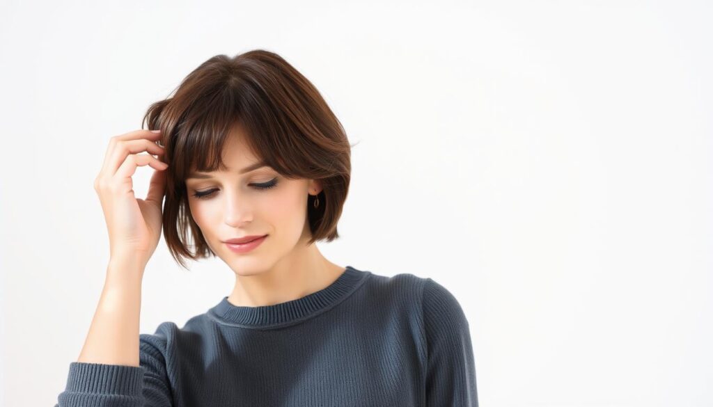 A woman with short, stylish brown hair stands in front of a bright, minimalist background. The lighting is soft and natural, creating a warm, inviting atmosphere. She is gently running her fingers through her hair, demonstrating a simple but effective technique for styling short locks. Her expression is calm and focused, showcasing the ease and confidence of mastering short hair care. The image conveys a sense of effortless beauty and practicality, perfectly capturing the essence of the "Wprowadzenie do stylizacji krótkich włosów" section. A woman with short, stylish brown hair stands in front of a bright, minimalist background. The lighting is soft and natural, creating a warm, inviting atmosphere. She is gently running her fingers through her hair, demonstrating a simple but effective technique for styling short locks. Her expression is calm and focused, showcasing the ease and confidence of mastering short hair care. The image conveys a sense of effortless beauty and practicality, perfectly capturing the essence of the "Wprowadzenie do stylizacji krótkich włosów" section.