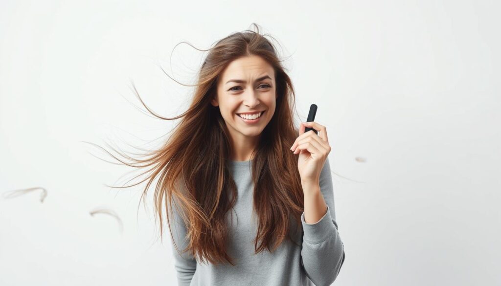 A woman with static-charged hair, standing against a plain white background, with soft, even lighting from the side. Her facial expression conveys a mix of frustration and amusement as she attempts to tame her flyaway locks. In the foreground, several strands of hair float and twist, creating a dynamic, ethereal effect. The middle ground features the woman's hands gently combing through her hair, while the background maintains a clean, minimalist feel to keep the focus on the subject's struggle with the static.