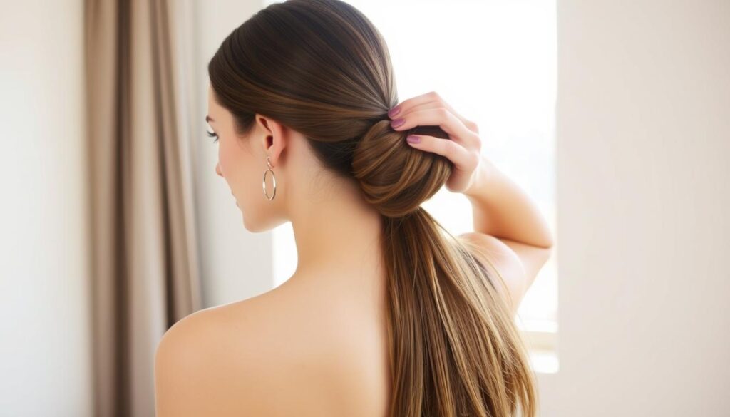 A young woman with long, flowing brunette hair stands in a well-lit room, carefully arranging her tresses into an elegant, sleek updo. Soft, diffused lighting from a large window creates a warm, natural glow, accentuating the smooth texture of her hair. Her fingers deftly weave the strands, creating a stylish, effortless bun at the nape of her neck. The background is minimalist, with clean lines and muted colors, allowing the focus to remain on the intricate hairstyling process. The overall mood is one of calm, confidence, and attention to detail, perfectly capturing the essence of "how to style long hair." A young woman with long, flowing brunette hair stands in a well-lit room, carefully arranging her tresses into an elegant, sleek updo. Soft, diffused lighting from a large window creates a warm, natural glow, accentuating the smooth texture of her hair. Her fingers deftly weave the strands, creating a stylish, effortless bun at the nape of her neck. The background is minimalist, with clean lines and muted colors, allowing the focus to remain on the intricate hairstyling process. The overall mood is one of calm, confidence, and attention to detail, perfectly capturing the essence of "how to style long hair."