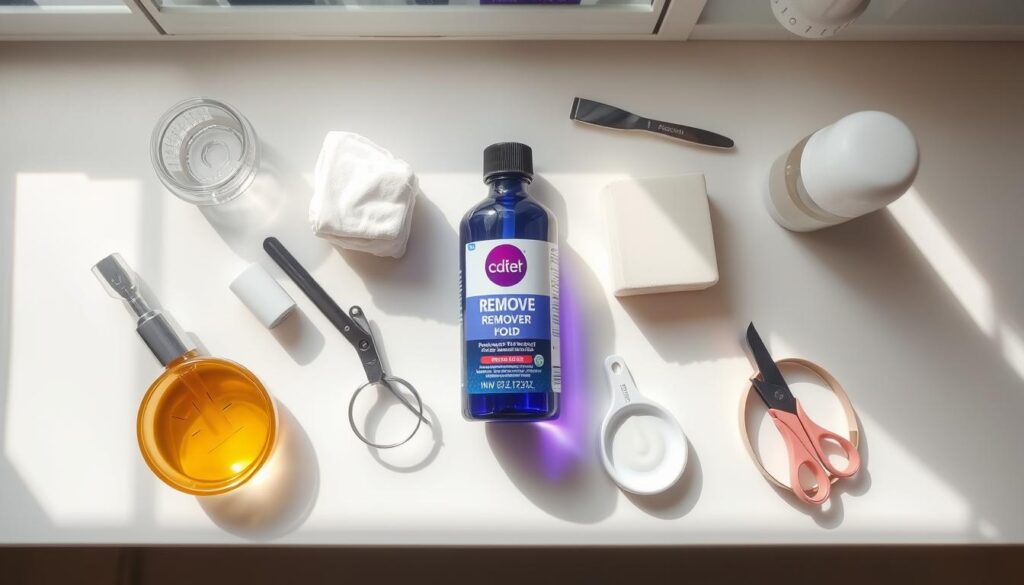 An overhead view of various household items and cosmetic products arranged on a white countertop, including a bottle of nail polish remover, cotton pads, a bar of soap, and other tools for quickly and efficiently removing hair dye from the skin. The scene is brightly lit with natural daylight filtering in through a window, creating soft shadows and highlights that accentuate the textures and colors of the items. The composition is clean and minimalist, with a sense of order and organization that conveys a practical, problem-solving approach to the task at hand. An overhead view of various household items and cosmetic products arranged on a white countertop, including a bottle of nail polish remover, cotton pads, a bar of soap, and other tools for quickly and efficiently removing hair dye from the skin. The scene is brightly lit with natural daylight filtering in through a window, creating soft shadows and highlights that accentuate the textures and colors of the items. The composition is clean and minimalist, with a sense of order and organization that conveys a practical, problem-solving approach to the task at hand.