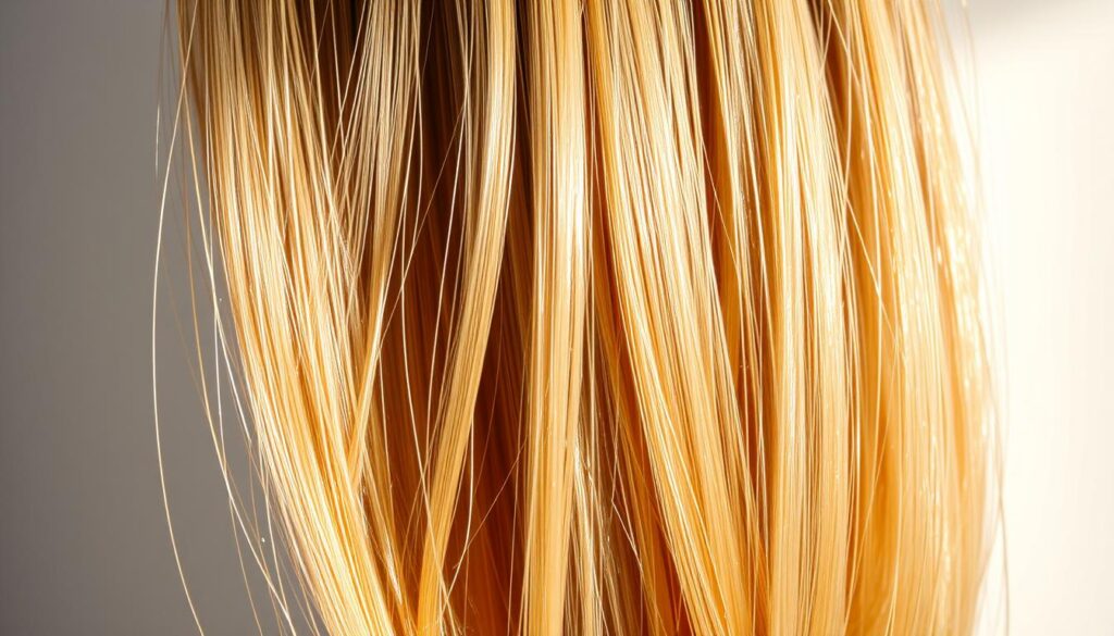 Detailed close-up of healthy, shiny human hair strands. The hair has a lustrous, vibrant appearance with a smooth, silky texture. Visible are the individual hair cuticles, reflecting light and creating a sense of depth and dimension. The hair is shown against a clean, minimalist background, allowing the focus to be entirely on the hair's condition and quality. Soft, natural lighting from the side creates subtle highlights and shadows, accentuating the hair's structure and volume. The overall mood is one of wellness, vitality, and the essential factors that contribute to the hair's optimal state. Detailed close-up of healthy, shiny human hair strands. The hair has a lustrous, vibrant appearance with a smooth, silky texture. Visible are the individual hair cuticles, reflecting light and creating a sense of depth and dimension. The hair is shown against a clean, minimalist background, allowing the focus to be entirely on the hair's condition and quality. Soft, natural lighting from the side creates subtle highlights and shadows, accentuating the hair's structure and volume. The overall mood is one of wellness, vitality, and the essential factors that contribute to the hair's optimal state.