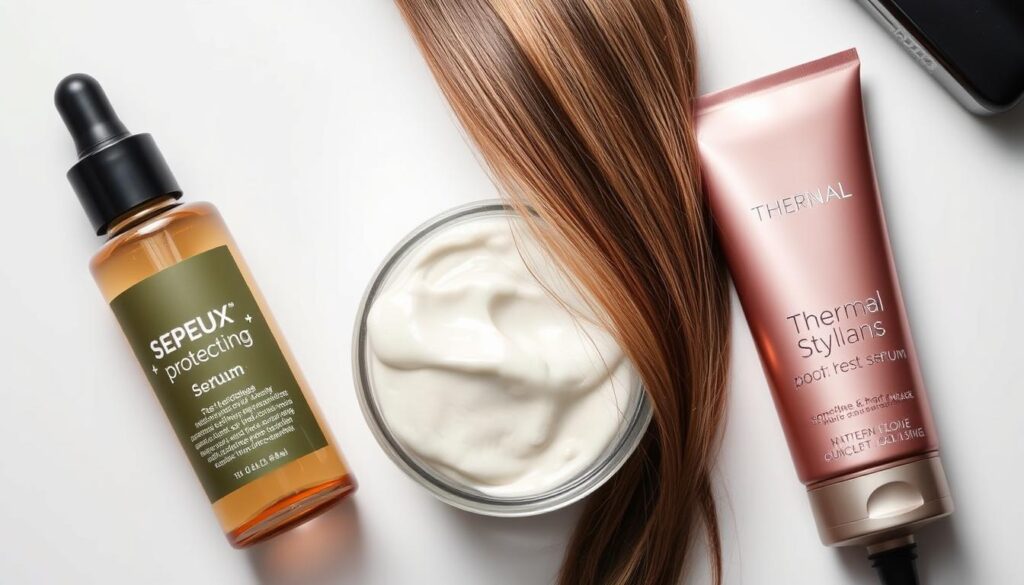 Detailed close-up of heat-protective hair care products on a white background, arranged in a visually appealing layout. The products include a bottle of heat-protecting serum, a tub of nourishing hair mask, and a tube of thermal styling cream. Soft, even lighting from above highlights the glossy, premium textures of the products. The composition emphasizes the luxurious, professional-grade nature of the hair care items, conveying their effectiveness in smoothing and protecting hair from heat damage during styling. Detailed close-up of heat-protective hair care products on a white background, arranged in a visually appealing layout. The products include a bottle of heat-protecting serum, a tub of nourishing hair mask, and a tube of thermal styling cream. Soft, even lighting from above highlights the glossy, premium textures of the products. The composition emphasizes the luxurious, professional-grade nature of the hair care items, conveying their effectiveness in smoothing and protecting hair from heat damage during styling.