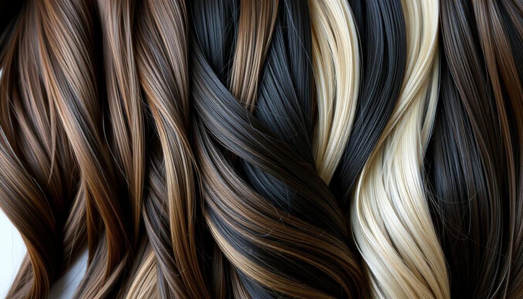 High-quality hair extensions in a natural-looking arrangement, with various textures and shades of brown, black, and blonde hair strands blending seamlessly. The hair appears thick, lustrous, and free-flowing, captured in soft, natural lighting that enhances the depth and movement of the locks. The image conveys a sense of premium quality, with a focus on the hair's healthy, vibrant appearance, emphasizing the key features that make it suitable for extensions. The background is minimalist, allowing the hair to be the central focus, showcasing its beauty and potential for transforming one's look. High-quality hair extensions in a natural-looking arrangement, with various textures and shades of brown, black, and blonde hair strands blending seamlessly. The hair appears thick, lustrous, and free-flowing, captured in soft, natural lighting that enhances the depth and movement of the locks. The image conveys a sense of premium quality, with a focus on the hair's healthy, vibrant appearance, emphasizing the key features that make it suitable for extensions. The background is minimalist, allowing the hair to be the central focus, showcasing its beauty and potential for transforming one's look.