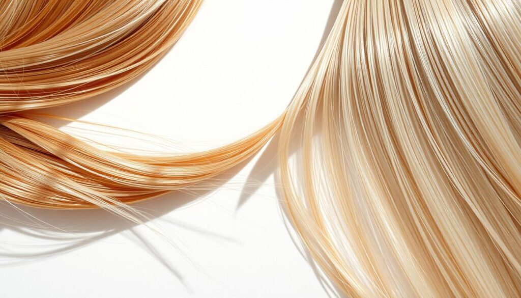 Vibrant close-up shot of two hair strands, one natural and one synthetic, displayed side-by-side in a clean, bright studio setting. The natural hair is soft, lustrous, and richly textured, while the synthetic counterpart appears uniform and plastic-like. Dramatic lighting casts striking shadows, highlighting the distinct differences in surface, shine, and movement between the two hair types. The image conveys a sense of visual contrast and emphasizes the qualities that distinguish natural from artificial hair, inviting the viewer to closely examine and compare the subtle nuances. Vibrant close-up shot of two hair strands, one natural and one synthetic, displayed side-by-side in a clean, bright studio setting. The natural hair is soft, lustrous, and richly textured, while the synthetic counterpart appears uniform and plastic-like. Dramatic lighting casts striking shadows, highlighting the distinct differences in surface, shine, and movement between the two hair types. The image conveys a sense of visual contrast and emphasizes the qualities that distinguish natural from artificial hair, inviting the viewer to closely examine and compare the subtle nuances.