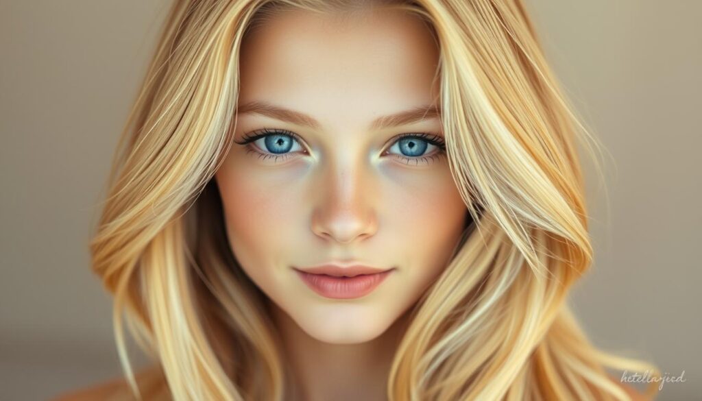 Vibrant golden locks cascading in soft waves, framing a radiant, youthful face with delicate features. Warm, natural lighting accentuates the smooth, glowing skin and glistening eyes of captivating blue hues. The subject's serene, confident expression conveys a sense of timeless beauty, perfectly suited for a classic blond look. Set against a softly blurred, neutral background to keep the focus on the stunning subject. Captured with a shallow depth of field to create a gentle, dreamlike ambiance. Vibrant golden locks cascading in soft waves, framing a radiant, youthful face with delicate features. Warm, natural lighting accentuates the smooth, glowing skin and glistening eyes of captivating blue hues. The subject's serene, confident expression conveys a sense of timeless beauty, perfectly suited for a classic blond look. Set against a softly blurred, neutral background to keep the focus on the stunning subject. Captured with a shallow depth of field to create a gentle, dreamlike ambiance.