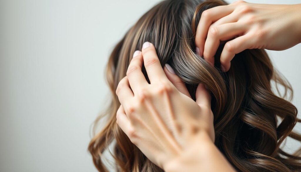 a meticulously detailed close-up shot of a person's hands gently styling and arranging wavy, voluminous hair with a soft, volumizing hair product, set against a blurred, minimalist background in soft, natural lighting that accentuates the healthy, shiny texture of the hair, conveying a sense of delicate, attentive care and nourishment for hair after styling a meticulously detailed close-up shot of a person's hands gently styling and arranging wavy, voluminous hair with a soft, volumizing hair product, set against a blurred, minimalist background in soft, natural lighting that accentuates the healthy, shiny texture of the hair, conveying a sense of delicate, attentive care and nourishment for hair after styling